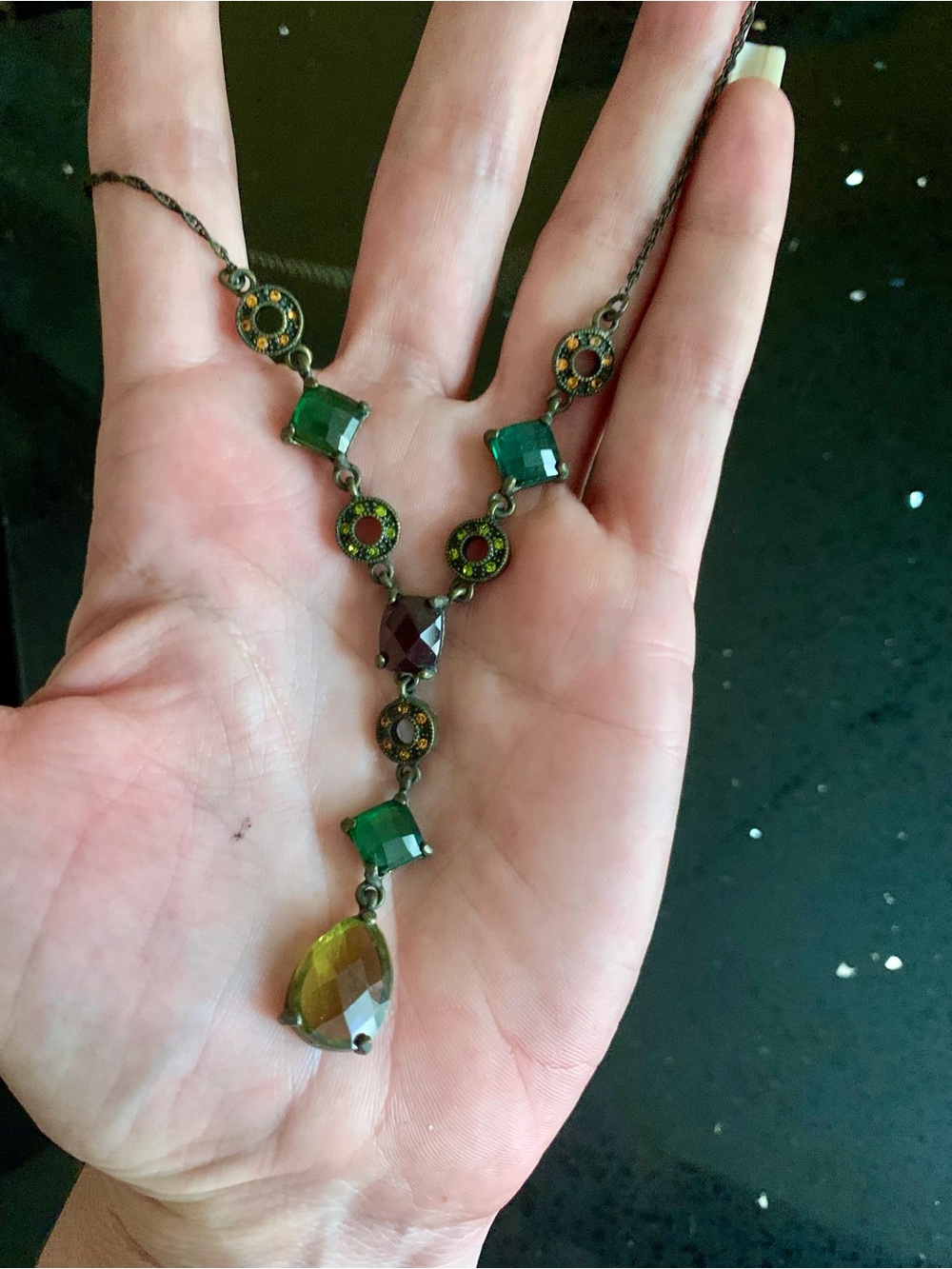 Vintage Nina Ricci Green and Amber Teardrop Pendant Necklace #0050